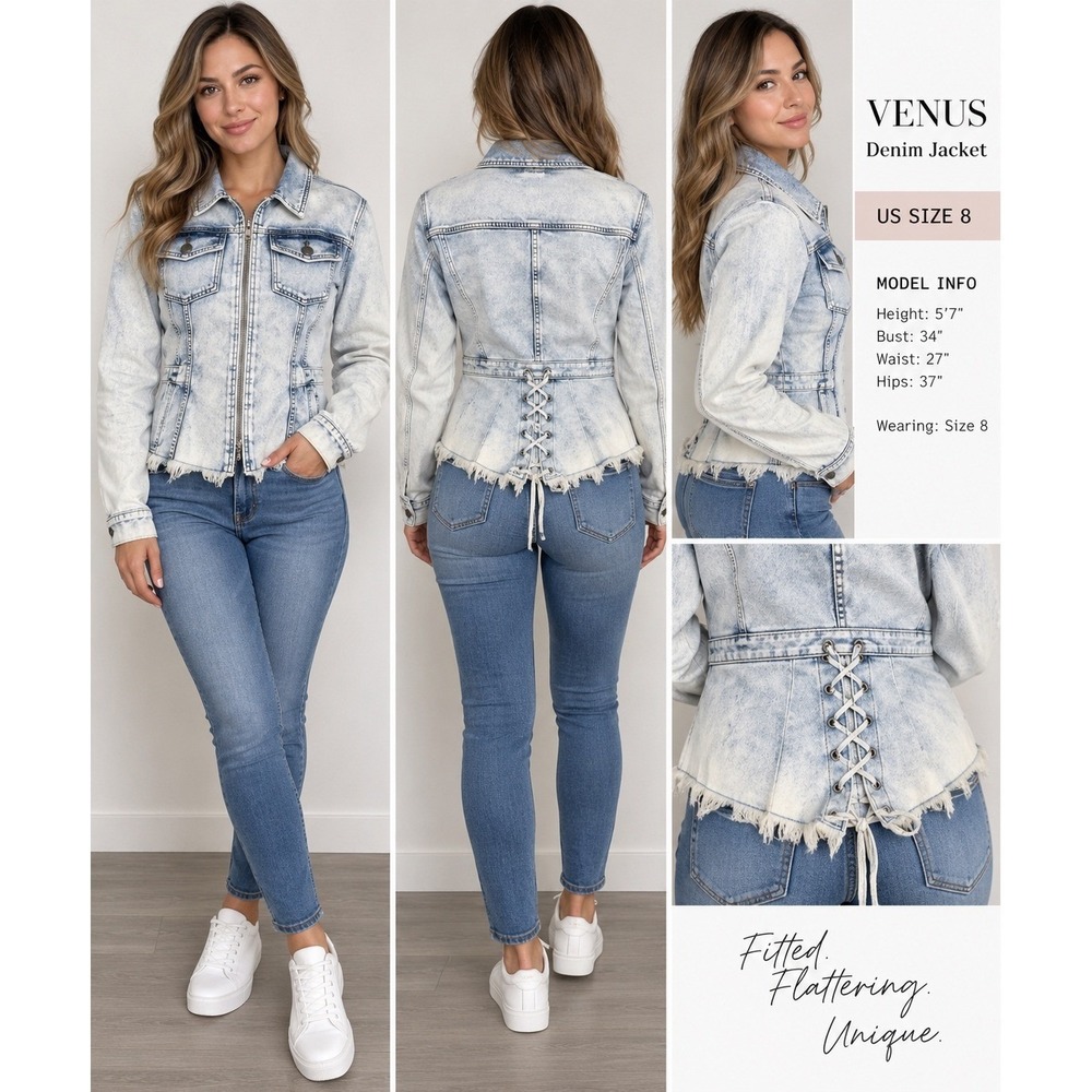 Venus Womens Acid Wash Zip Front Denim Jacket Lace Up Corset Back Frayed Hem 8